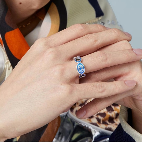 Gucci Interlocking Sterling Silver Blue Enamel 9mm Ring Size 7 - Picture 5 of 10